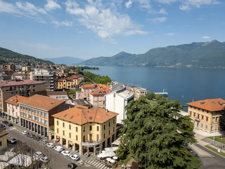Aerial panorama of central Luino and Lake Maggiore